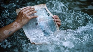 手捧报纸浸于水花之中