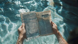 泳池中惬意阅读报纸瞬间