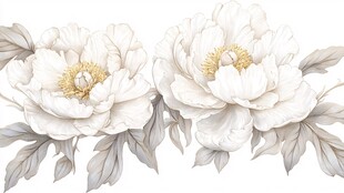 两朵素雅白牡丹与灰叶