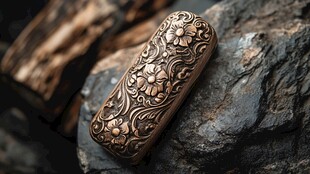 复古雕花打火机置于岩石上