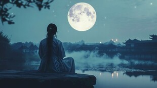 女子月夜独坐湖畔赏景