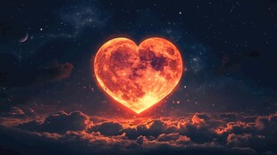 心形红月悬于云海夜空