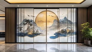 中式山水艺术屏风装饰画