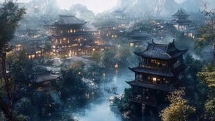梦幻古风山水楼阁夜景
