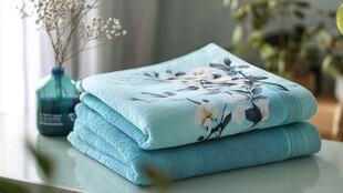 清新蓝底花卉图案叠放毛巾