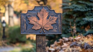 秋景中雕刻枫叶的古朴标牌