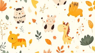 可爱动物与秋叶卡通图案