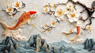 中式浮雕锦鲤花卉山水图