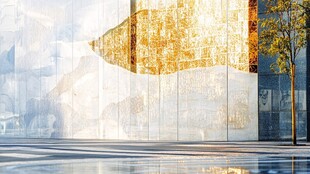 现代艺术墙面与街边树木