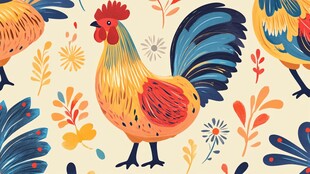 多彩公鸡花卉图案设计