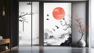 中式玄关红日飞鸟山水图景