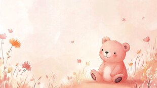 粉色小熊坐于烂漫花丛中