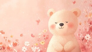 粉色小熊置身烂漫花丛中