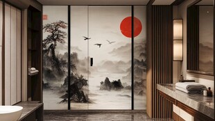 中式山水风浴室移门设计