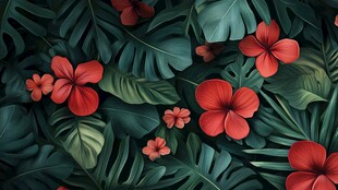 热带红花绿叶植物背景图