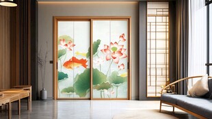 中式荷花金鱼图案推拉门