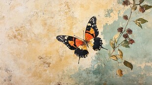 彩蝶栖于花枝的艺术画作