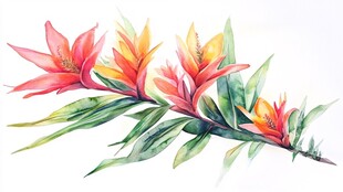 水彩绘艳丽热带花卉枝条