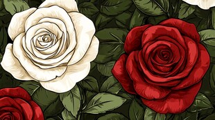 红白玫瑰与绿叶图案设计