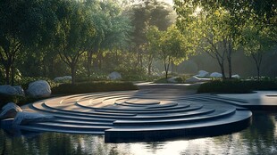 静谧水景园林景观步道