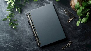 黑色笔记本与绿植办公场景