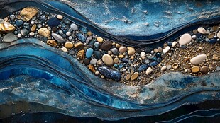 蓝色波纹中的多彩鹅卵石