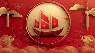 中式红金帆船喜庆背景图
