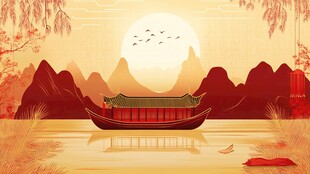 古风山水间的红船映夕阳
