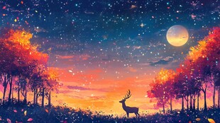 梦幻星空下的林间鹿影