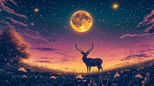 月夜下的麋鹿梦幻风景