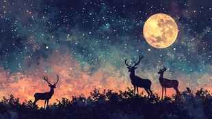 月夜下的鹿群梦幻景象
