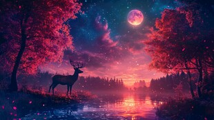 梦幻月夜下的森林与鹿