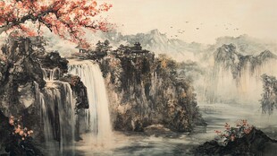 水墨山水间的诗意瀑布景