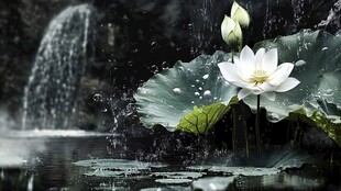 雨润荷花 水珠落于翠叶间