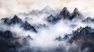 水墨云雾间的巍峨群山