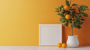 橙墙前的柑橘盆栽与画框