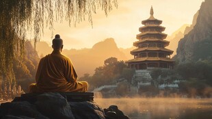 僧人静坐在山水古寺前