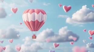梦幻热气球在爱心云朵中飞翔