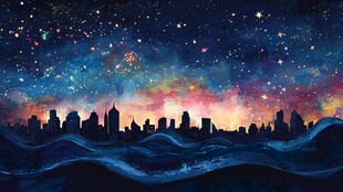 梦幻星空下的城市剪影