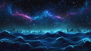 梦幻星空下的城市与海浪