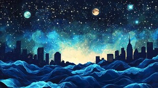 梦幻星空下的城市与云海