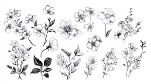 黑白花卉手绘插画素材