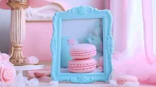 蓝框中的粉色马卡龙甜点