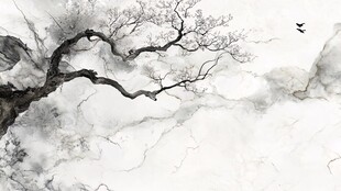 水墨孤枝飞鸟意境图