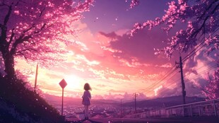 黄昏下少女赏烂漫樱花景
