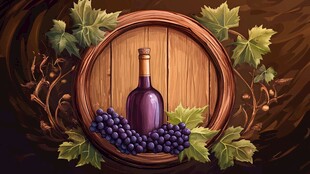 木桶旁的葡萄酒与葡萄