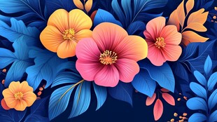 绚丽花卉插画 蓝粉配色