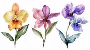 三色兰花水彩画花卉图