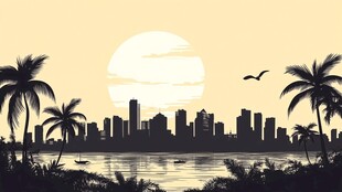 海滨城市日落风光剪影