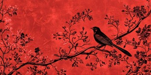 红底黑鸟花枝图案背景